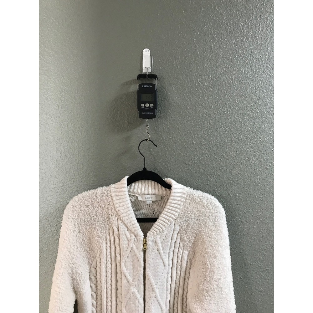 Loft Womens Ivory Cable Knit Popcorn Sleeve Zip Front Cardigan Sweater Large NWT - Picture 7 of 8